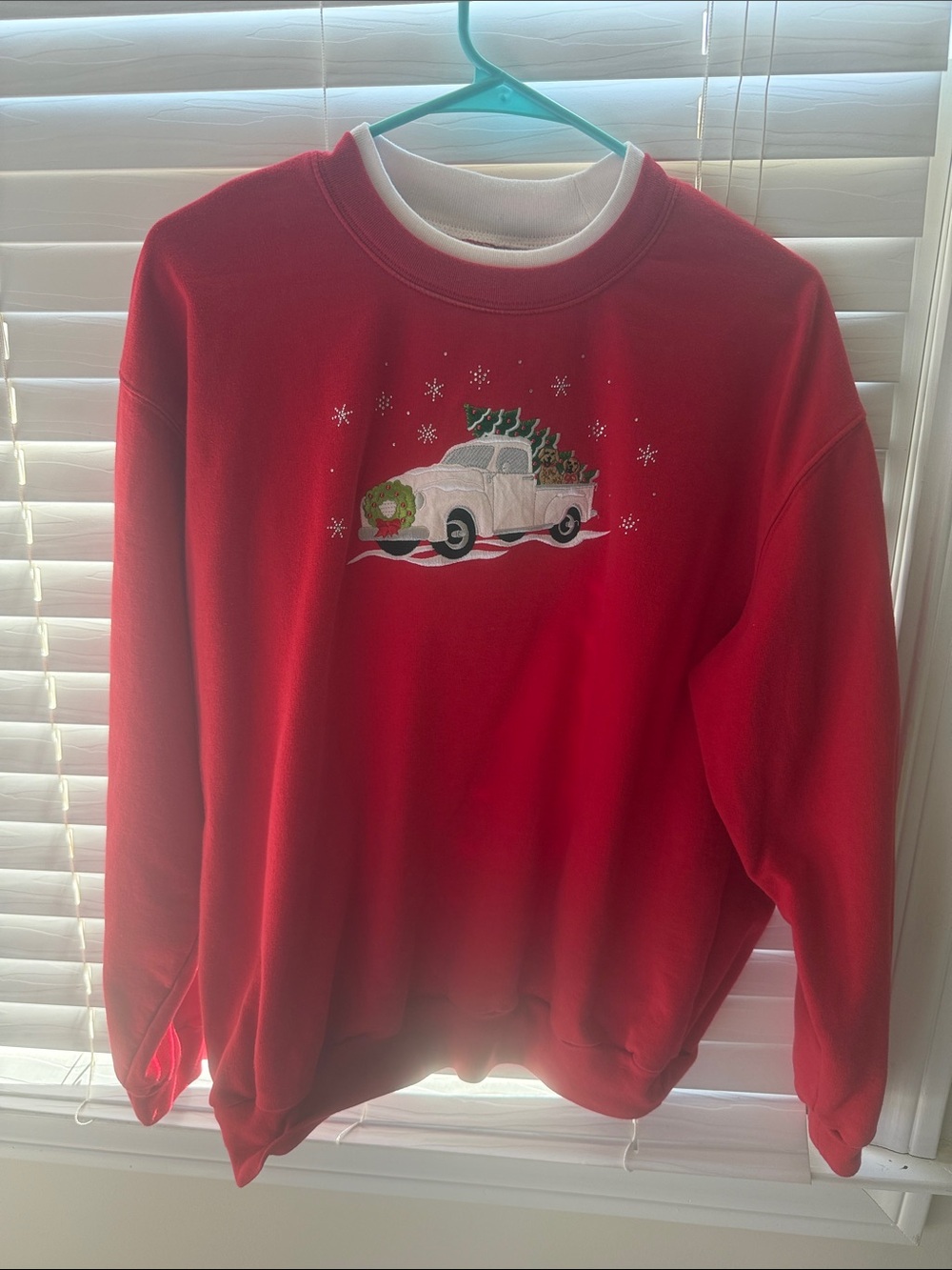 Red Christmas Crewneck Sweatshirt with Vintage Truck Graphic from Cracker Barrel
